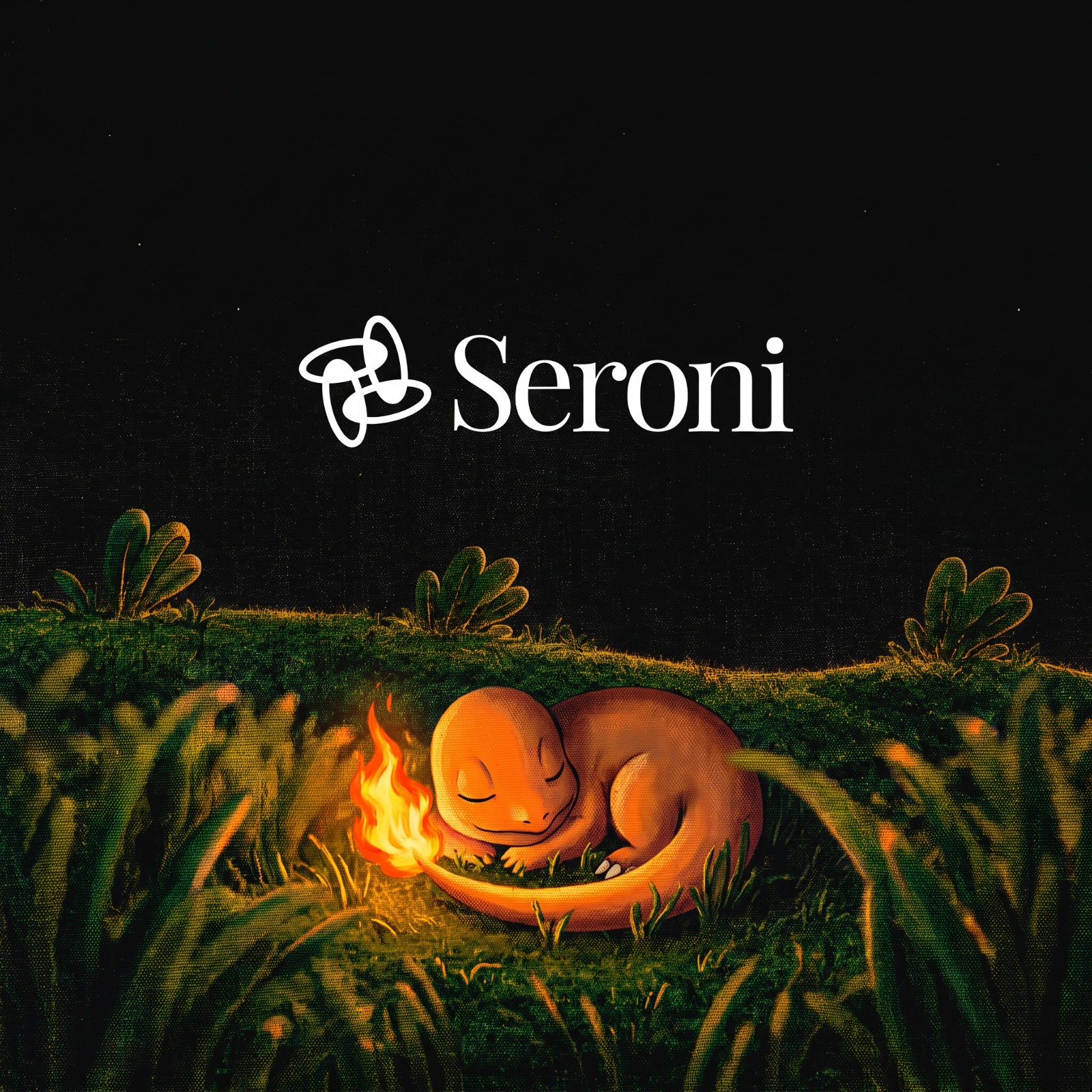 A sleeping fire creature in a dark mossy clearing